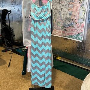 Strapless Teal and grey striped maxi dress with pockets, Fashionomics one size